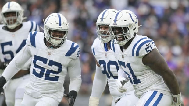 Sep 24, 2023; Baltimore, Maryland, USA; Indianapolis Colts defensive end Kwity Paye (51) reacts after sacking Baltimore Ravens quarterback Lamar Jackson (8) during the first half at M&T Bank Stadium.